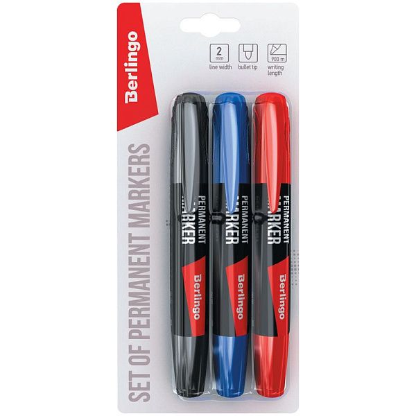Набор перманентных маркеров Berlingo "Multiline PE200" 03цв., пулевидный, 2,0мм, блистер
