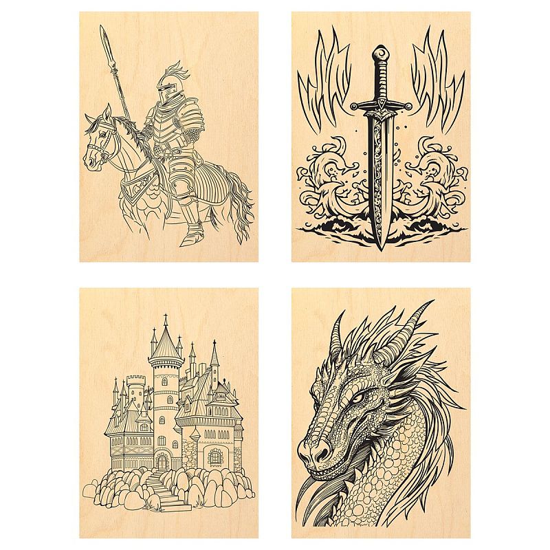 Набор досок для выжигания и росписи по дереву ТРИ СОВЫ "Рыцарь и дракон", 4шт., 15*21см, пакет с европодвесом