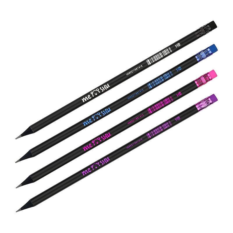 Карандаш ч/г MESHU "Black style", HB, заточен., с печатью, с ластиком, ассорти, туба