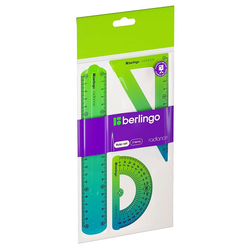 Набор чертежный средний Berlingo "Radiance" (треуг. 14см, линейка 20см, транспортир) гибкий, голубой/зеленый градиент