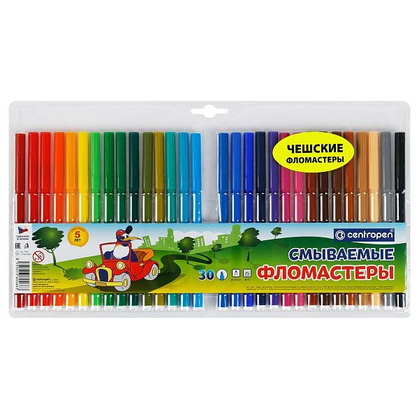 Фломастеры Centropen "Washable", 30цв., смываемые, блистер