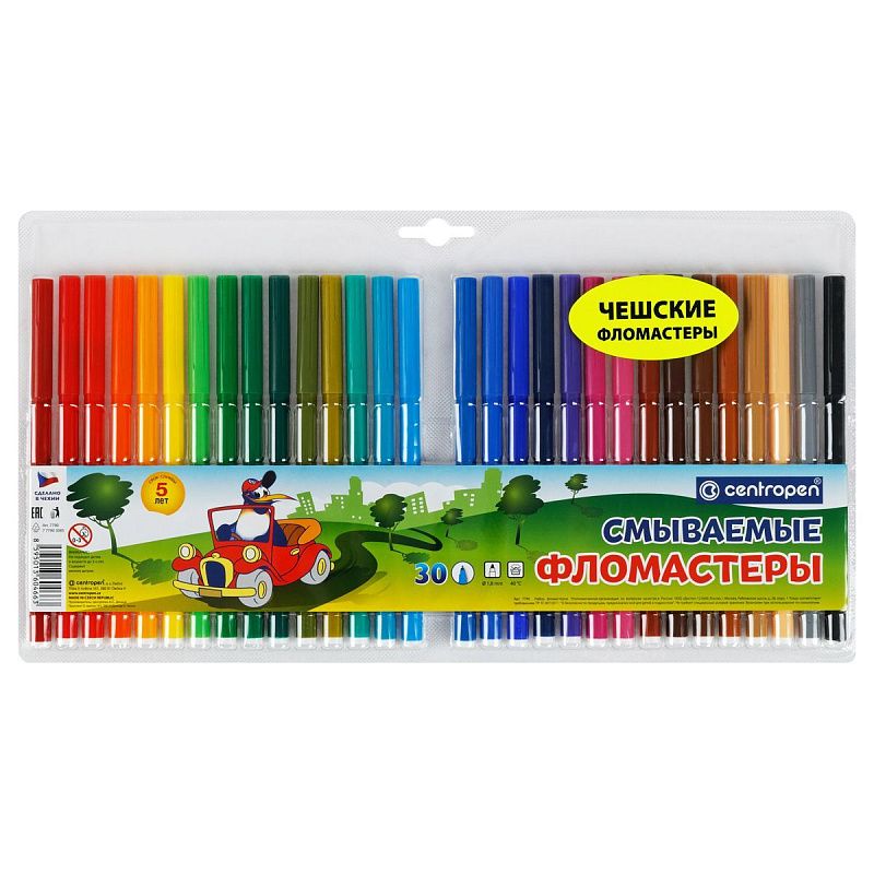 Фломастеры Centropen "Washable", 30цв., смываемые, блистер