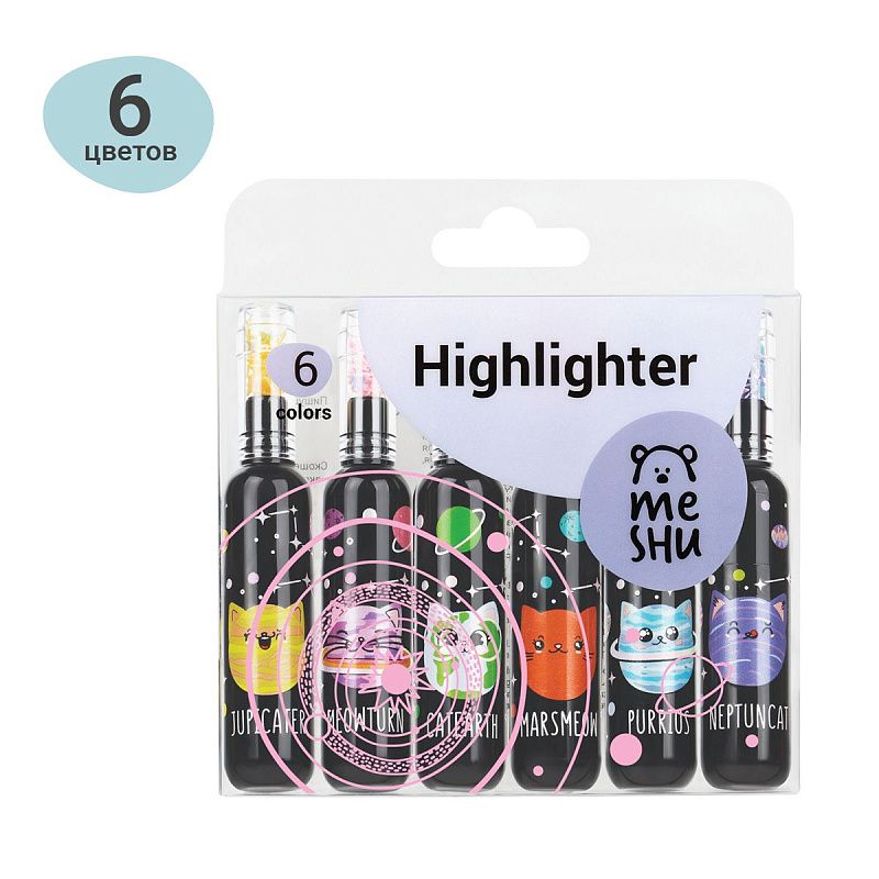 Набор текстовыделителей MESHU "Meowspace" 06цв., неоновые цвета, 1-5мм, ПВХ бокс с европодвесом 