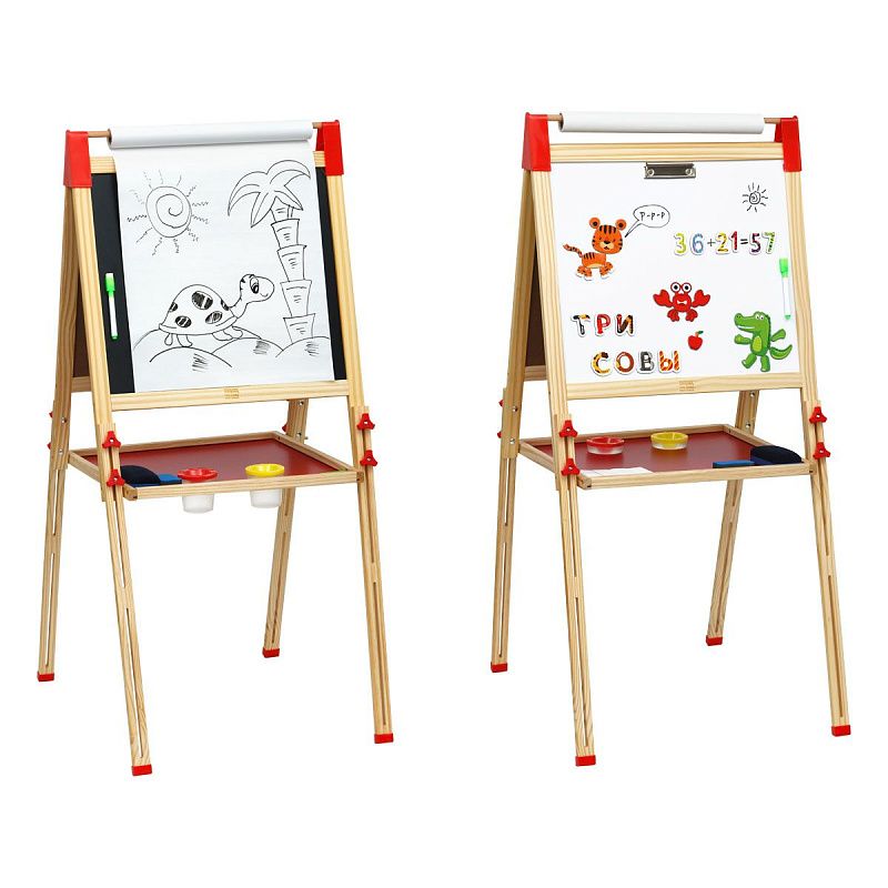 УЦЕНКА - Доска-мольберт ТРИ СОВЫ, двусторонняя, меловая/магнитно-маркерная, напольная, растущая (маркер, мелки, губка, бумажный ролл, стаканы-непр., м