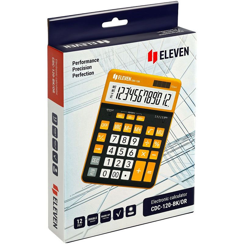 Калькулятор настольный Eleven CDC-120-BK/OR, 12 разрядов, двойное питание, 155*206*38мм, черный/оранжевый