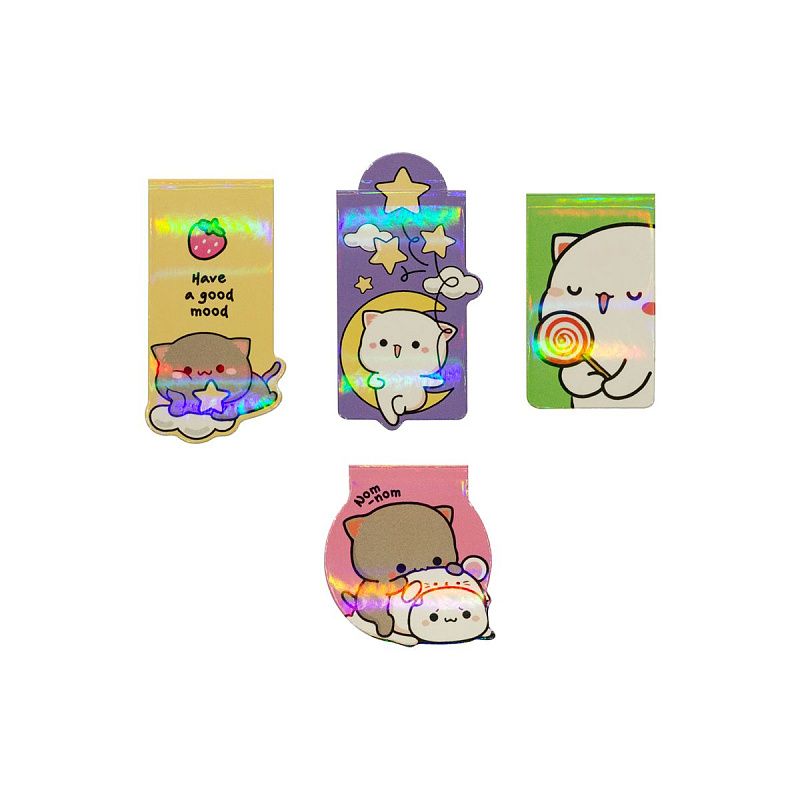 Закладки магнитные для книг, 4шт., MESHU "Cute kittens", ламинация с блестками 