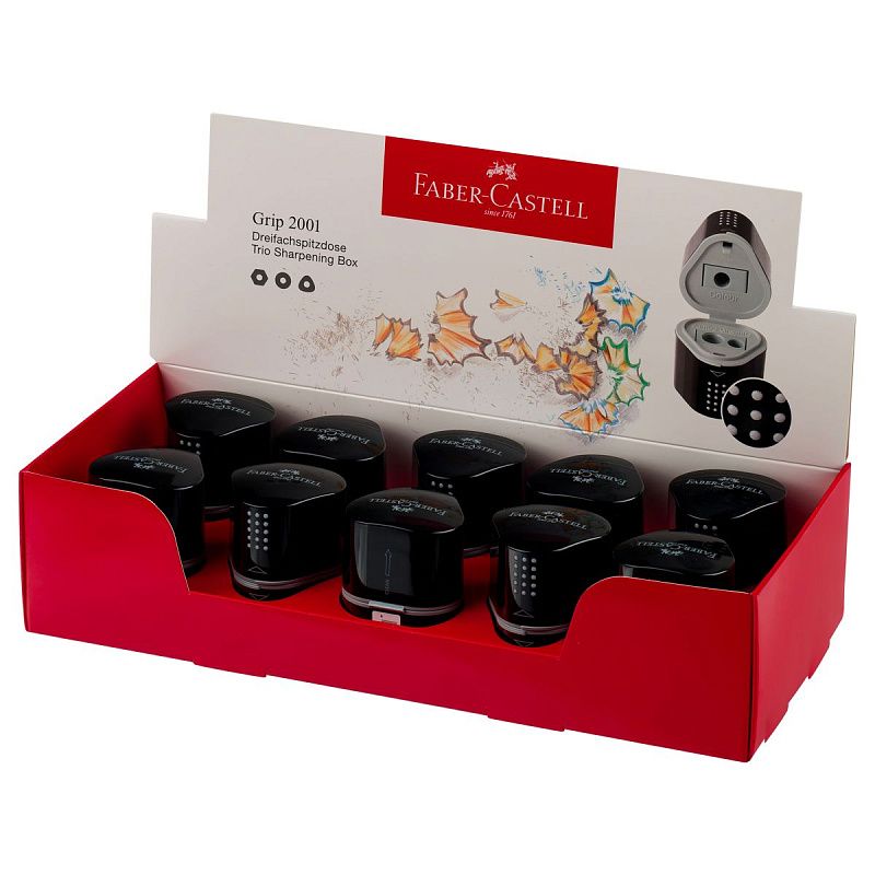 Точилка пластиковая Faber-Castell "Trio Grip 2001" 3 отверстия, 2 контейнера, черная 