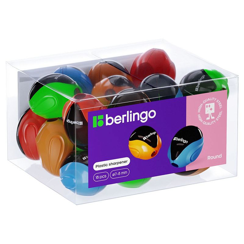 Точилка пластиковая Berlingo "Round" 1 отверстие, контейнер, ассорти, дисплей 