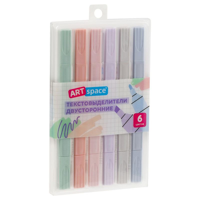 Набор текстовыделителей двусторонних ArtSpace "Thin trace", 06цв., пастельные цвета, 1/1-3мм, ПВХ бокс с подложкой, европодвес 
