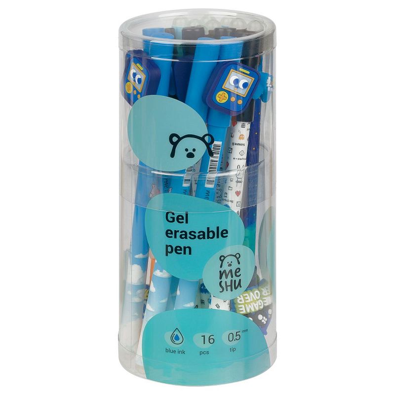 Ручка гелевая стираемая MESHU "Games" синяя, 0,5мм, корпус ассорти, с топпером 