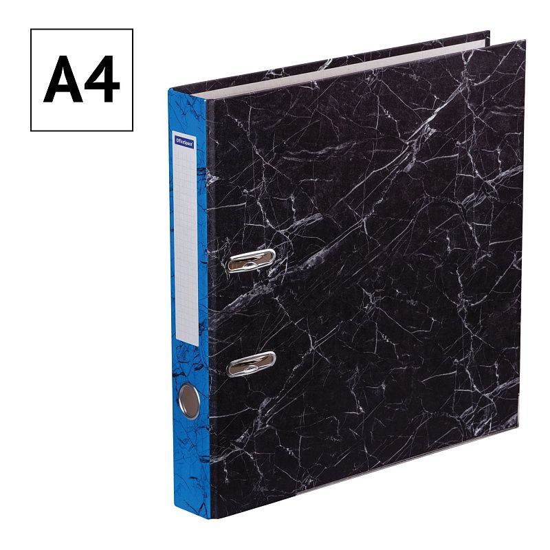 Папка-регистратор OfficeSpace 50мм, мрамор, черная, синий корешок, нижний метал. кант 