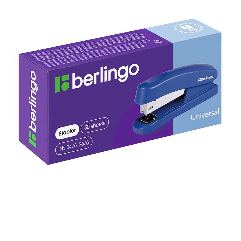 Степлер №24/6, 26/6 Berlingo "Universal" до 30л., пластиковый корпус, синий