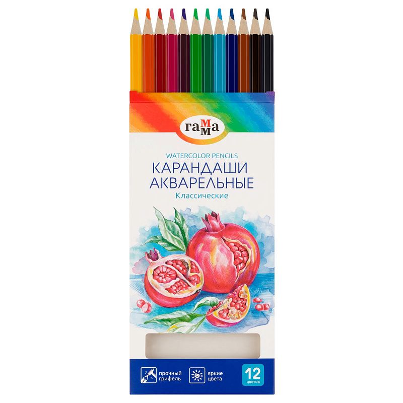 Карандаши акварельные Гамма "Классические", 12цв., шестигранные, заточен., картон. упак., европодвес