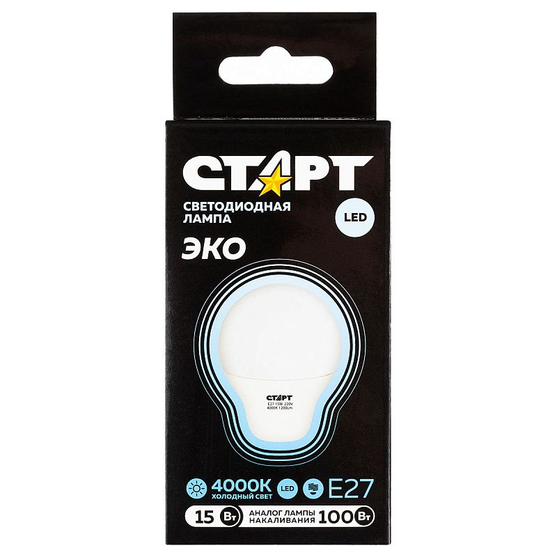 Лампа светодиодная Старт LED, серия "WS" 15W40, тип А "груша", E27, 4000К, нейтральный свет, 25000ч