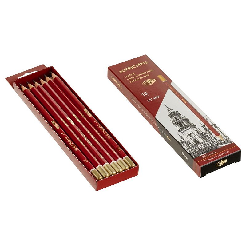 Набор карандашей ч/г Красин "1926" 12шт., 2Т(Н)-8М(B),  КЕДР,  заточен., карт.пенал, европодвес 