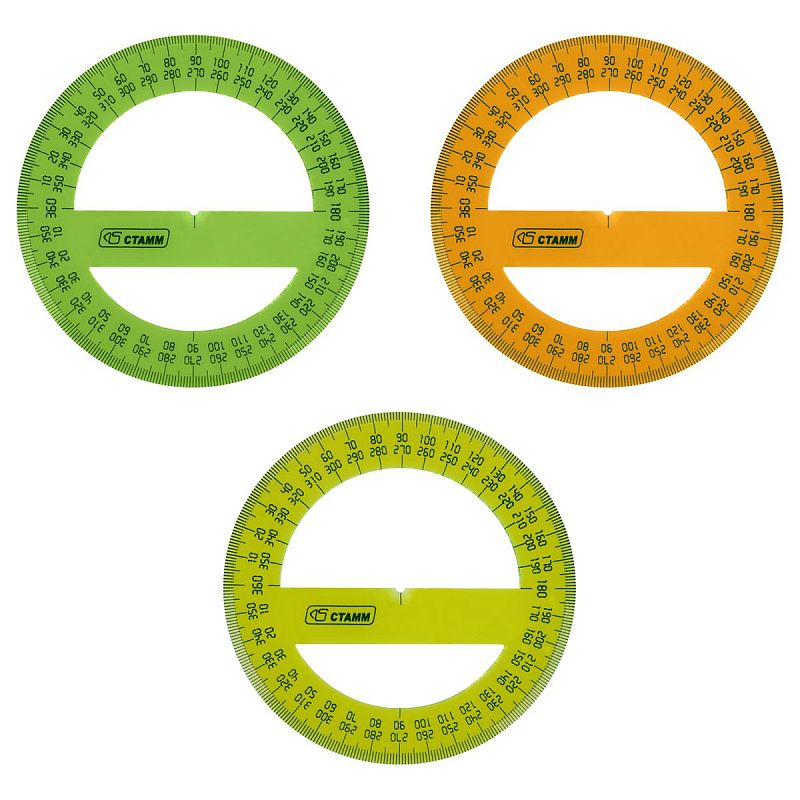 Транспортир 10см, 360° СТАММ, пластиковый, прозрачный, неоновые цвета, ассорти 