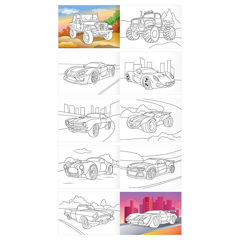 Раскраска А5, 10 стр.  ТРИ СОВЫ "Автомобили", горизонтальные