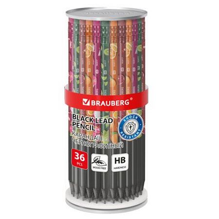 Карандаш чернографитный BRAUBERG "JUICY FRUIT", 1 шт, HB, с ластиком, корпус ассорти, 182017 