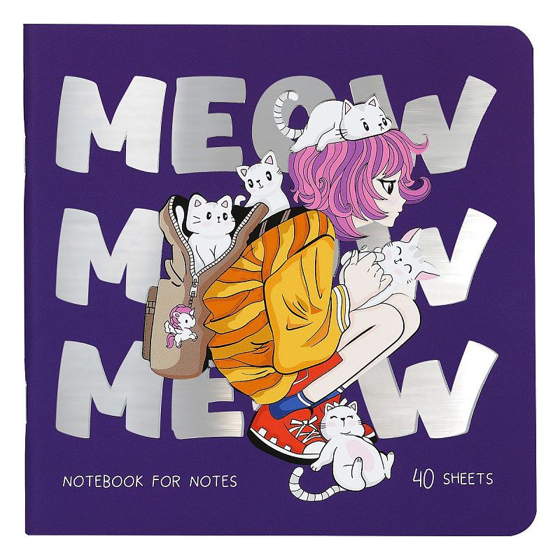 Записная книжка 170*170 мм 40л. на скрепке MESHU "Meow", soft-touch ламинация, тиснение фольгой, блок без линовки, 80г/м2