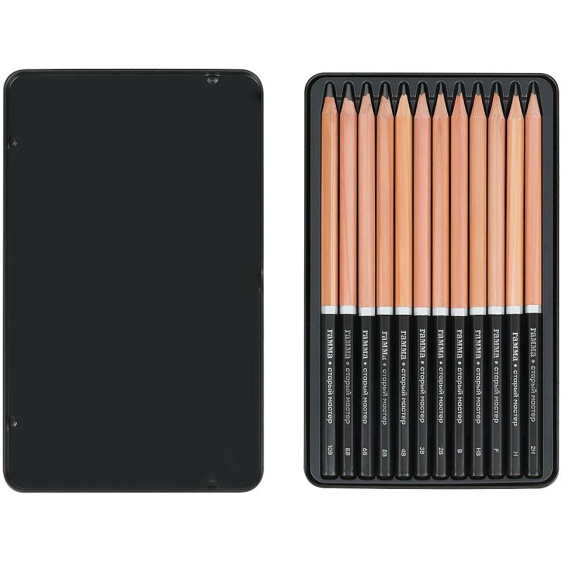 Набор карандашей ч/г Гамма 12шт., 10B-2H, метал. пенал 