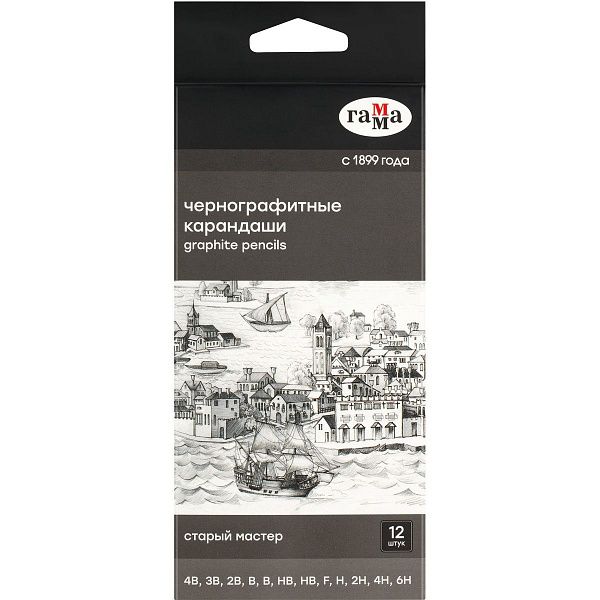Набор карандашей ч/г Гамма 12шт., 4B-6H, кедр, картон. упаковка, европодвес