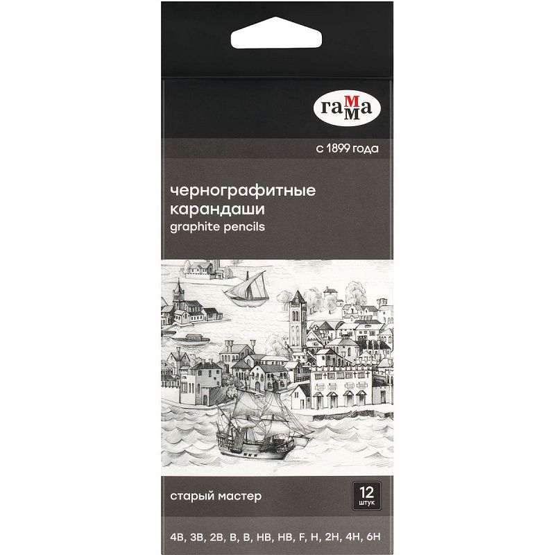 Набор карандашей ч/г Гамма 12шт., 4B-6H, кедр, картон. упаковка, европодвес