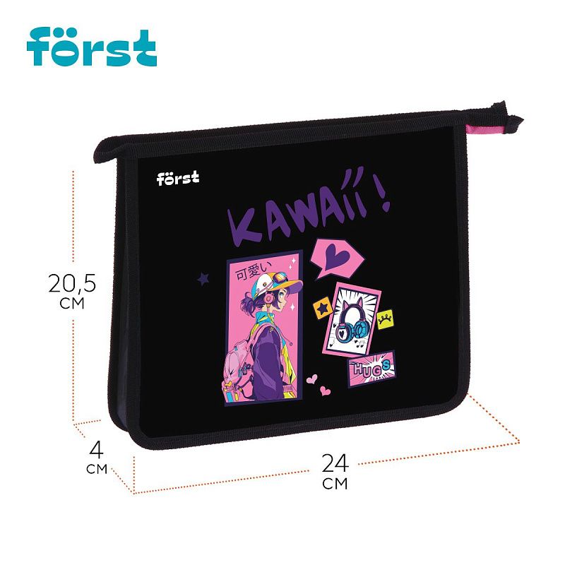 Папка для тетрадей 1 отделение, А5 Först "Kawaii" , 240*205*40 мм, пластик, на молнии 