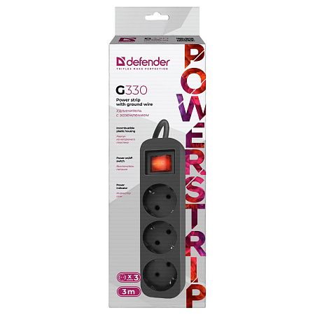 Удлинитель Defender G330, 3 розетки, с заземлением, выключатель, 3м, черный