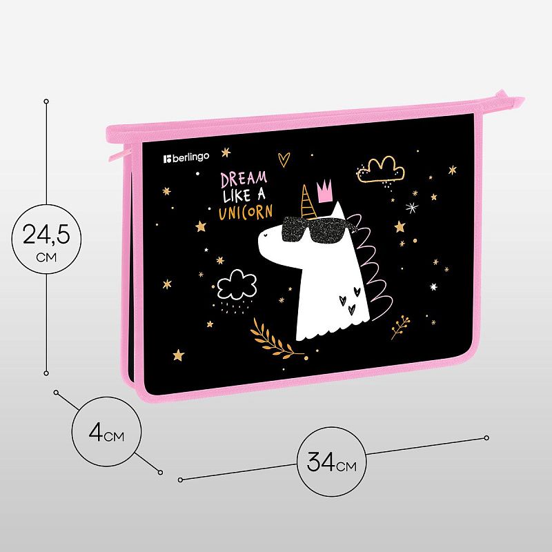 Папка для тетрадей 1 отделение, А4 Berlingo "Dream Like A Unicorn", 340*245*40 мм, пластик, на молнии 