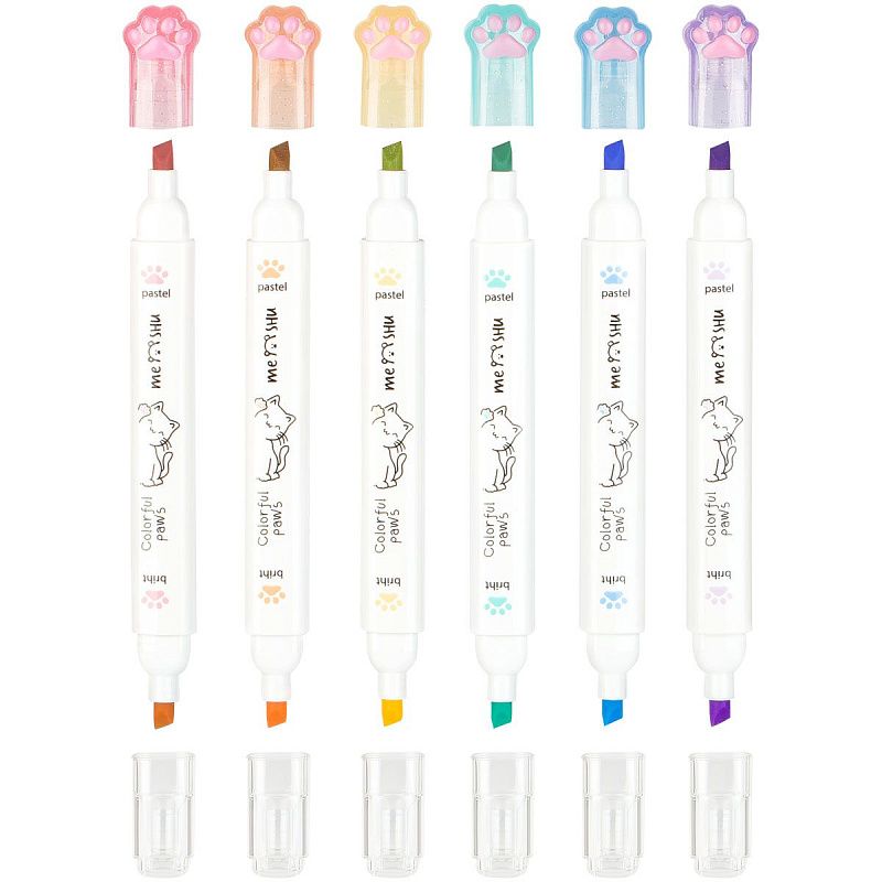 Набор текстовыделителей двусторонних MESHU "White kittens", 12цв., пастельные цвета, 1-4мм, ПВХ бокс с европодвесом 
