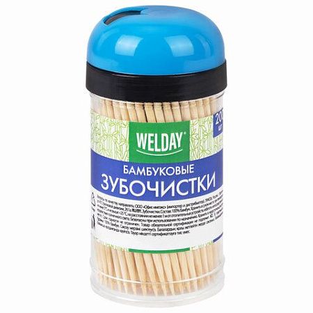 Зубочистки бамбуковые 200 штук в диспенсере, БЕЛЫЙ АИСТ, 607567 