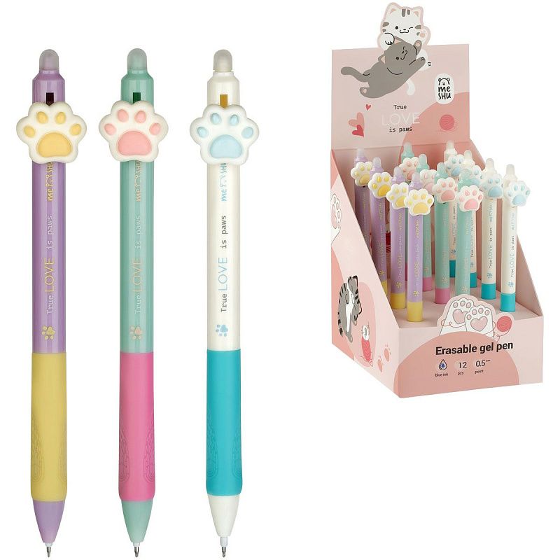 Ручка гелевая стираемая автоматическая MESHU "Sweet paws" синяя, 0,5мм, корпус ассорти, с топпером 