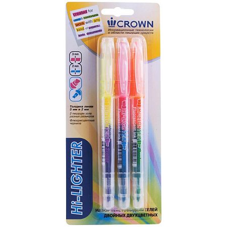 Набор текстовыделителей двухсторонних Crown "Multi Hi-Lighter Twin" 3шт., 06цв., 3/2мм, блистер 