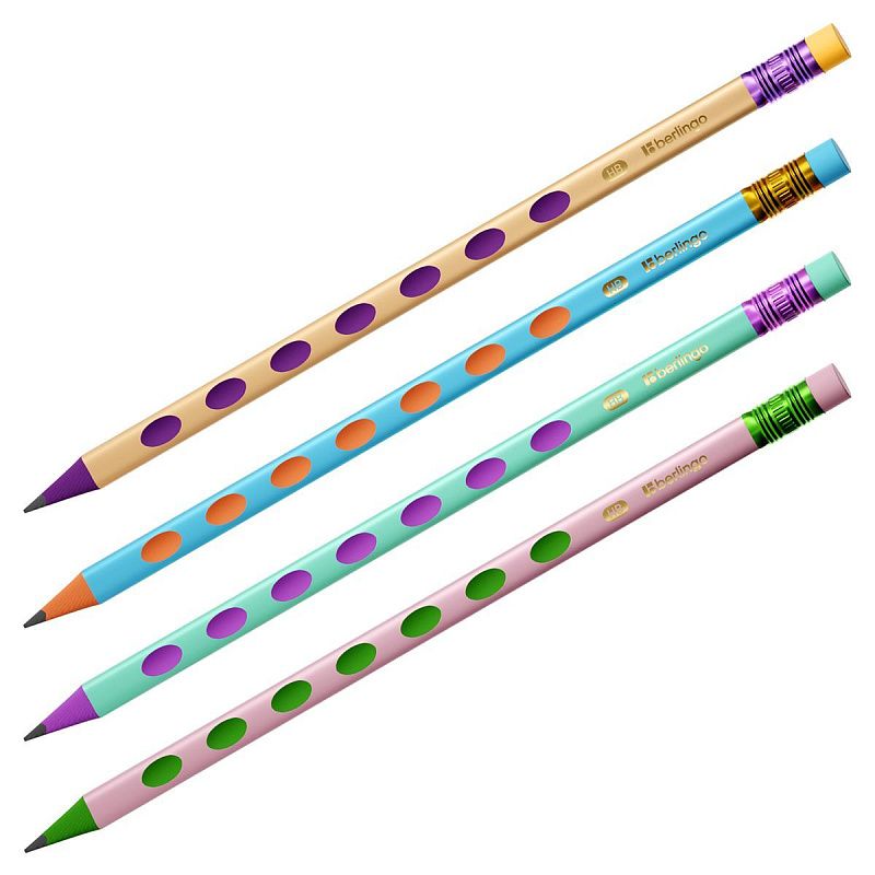 Карандаш ч/г Berlingo "Metallic Ergo" HB, пластиковый, трехгранный, с выемками, заточен., с ластиком, PET-бокс