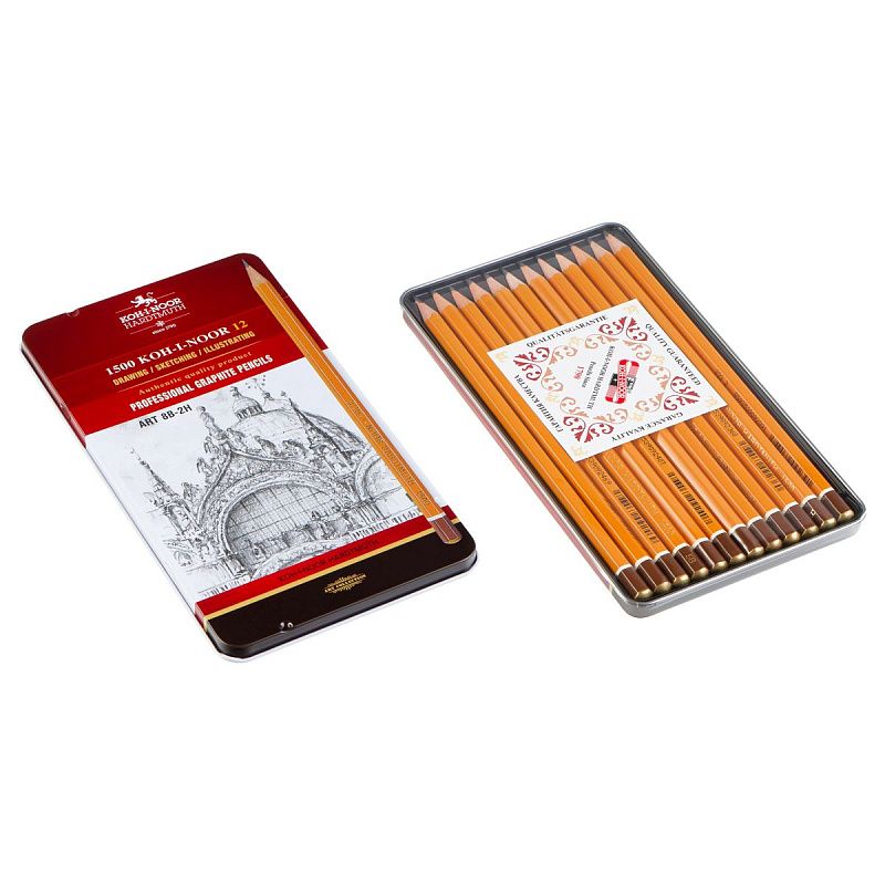 Набор карандашей ч/г Koh-I-Noor "1500 Art" 12шт., 8B-2H, заточен., метал. пенал 