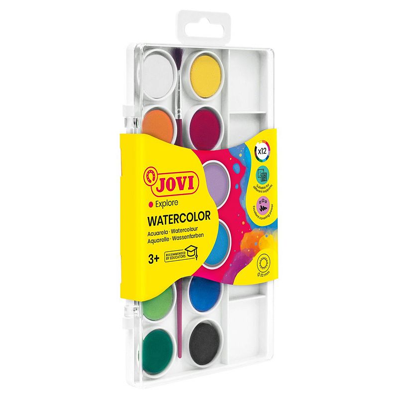 Акварель JOVI, 12 цветов, малые кюветы, с кистью, с палитрой, пластик, европодвес