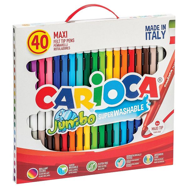 Фломастеры Carioca "Jumbo", 40шт., 36цв., утолщенные, смываемые, картон, с ручкой
