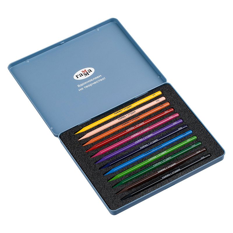 Карандаши цельнографитные цветные Гамма "Студия", 12 цв, заточенный, метал. пенал