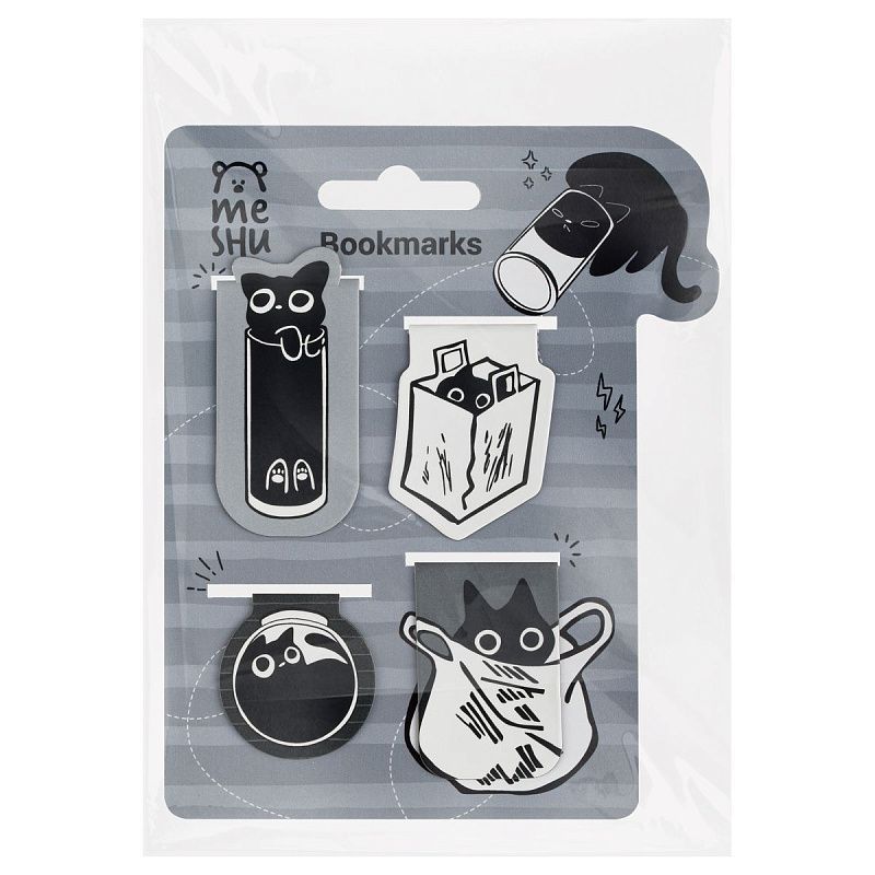 Закладки магнитные для книг, 4шт., MESHU "Кошачьи будни", софт-тач