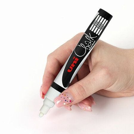 Маркер меловой UNI "Chalk", 1,8-2,5 мм, БЕЛЫЙ, влагостираемый, для гладких поверхностей, PWE-5M WHITE 