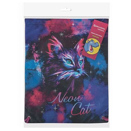 Мешок для обуви BRAUBERG PREMIUM, карман, подкладка, светоотражайка, 43х33 см, "Neon cat", 271621 