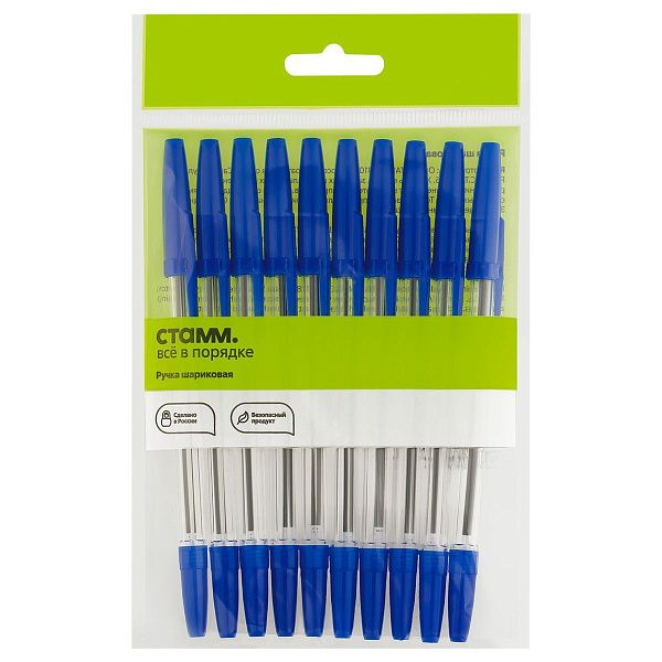 Ручка шариковая СТАММ "Оптима" 10шт., синие, 1,0мм, пакет с европодвесом