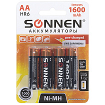 Батарейки аккумуляторные Ni-Mh пальчиковые КОМПЛЕКТ 4 шт., АА (HR6) 1600 mAh, SONNEN, 455605