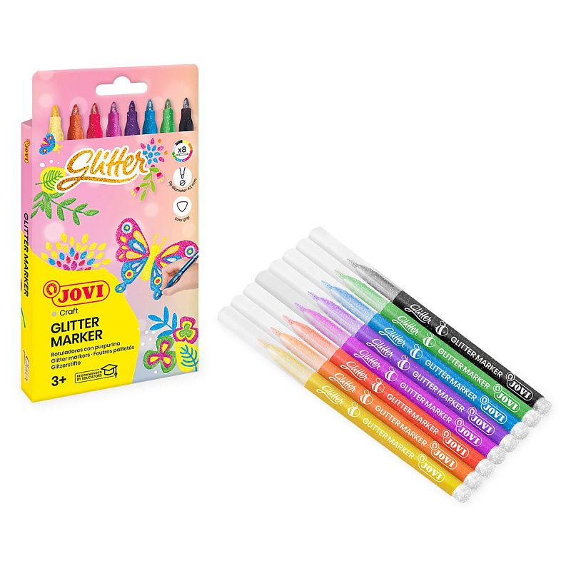 Фломастеры с блестками JOVI "Glitter", 08цв., смываемые, картон, европодвес