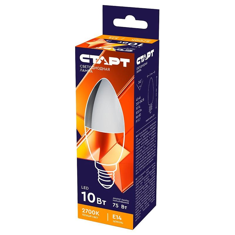 Лампа светодиодная Старт LED, серия "WS" 10W30, тип С "свеча", E14, 2700К, теплый свет, 25000ч