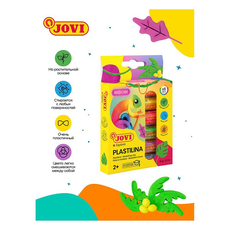 Пластилин JOVI, 06 цветов, 90г, растительный, флуоресцентный, картон, европодвес