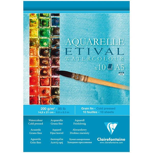 Альбом для акварели, 10л., А5, на склейке Clairefontaine "Etival", 200г/м2, холодное прессование