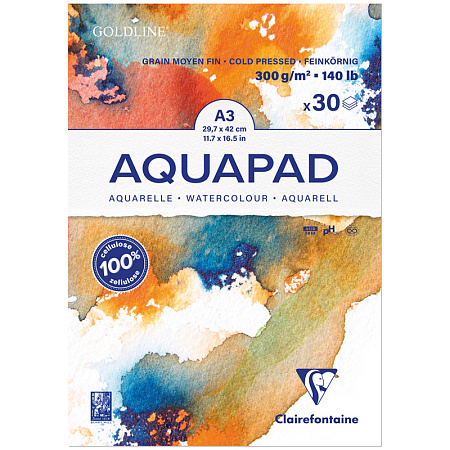 Альбом для акварели, 30л., А3, на склейке Clairefontaine "Goldline Aqua", 300г/м2, холод. прессование