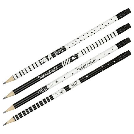 Карандаш ч/г MESHU "Black&white", HB, заточен., с печатью, с ластиком, ассорти, туба 
