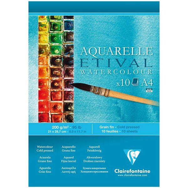 Альбом для акварели, 10л., А4, на склейке Clairefontaine "Etival", 200г/м2, холодное прессование